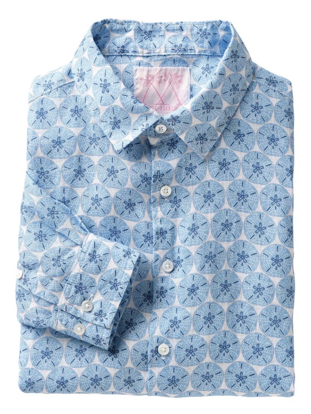 Pink House Men’s Linen Shirt Sand Dollar Blue Button Down Size Large